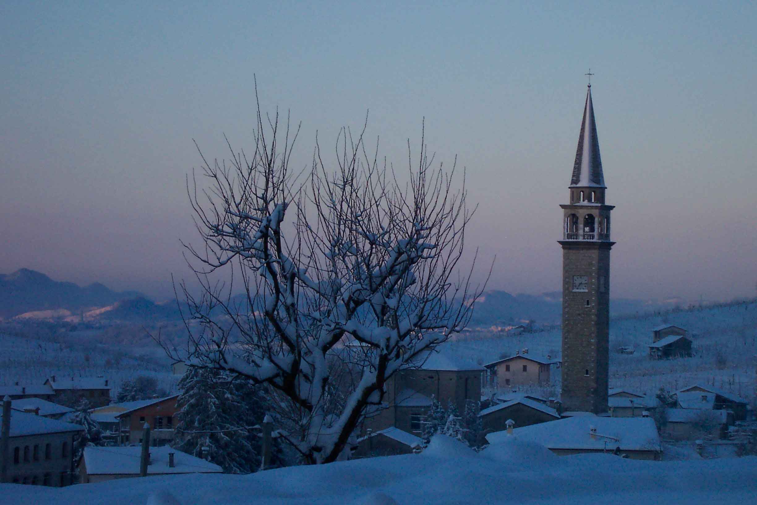 Vista campanile con neve